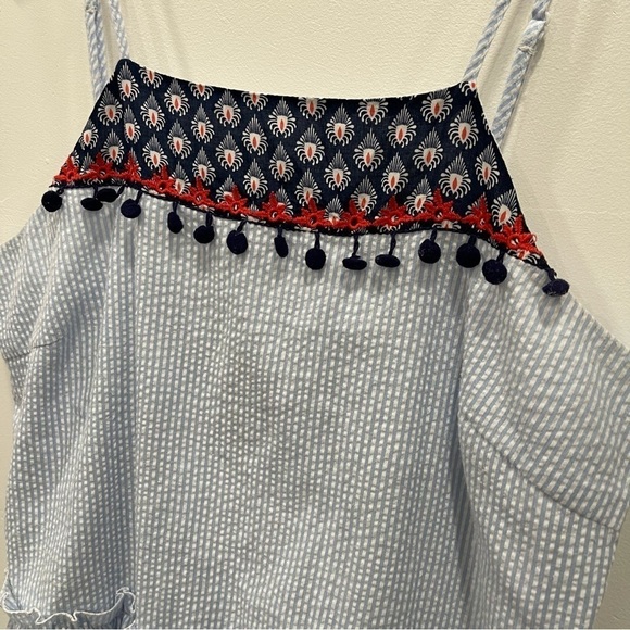 Stitch Fix THML Ruffle Peplum Tassel Top Size Medium Nautical Blue Stripe - Picture 4 of 8